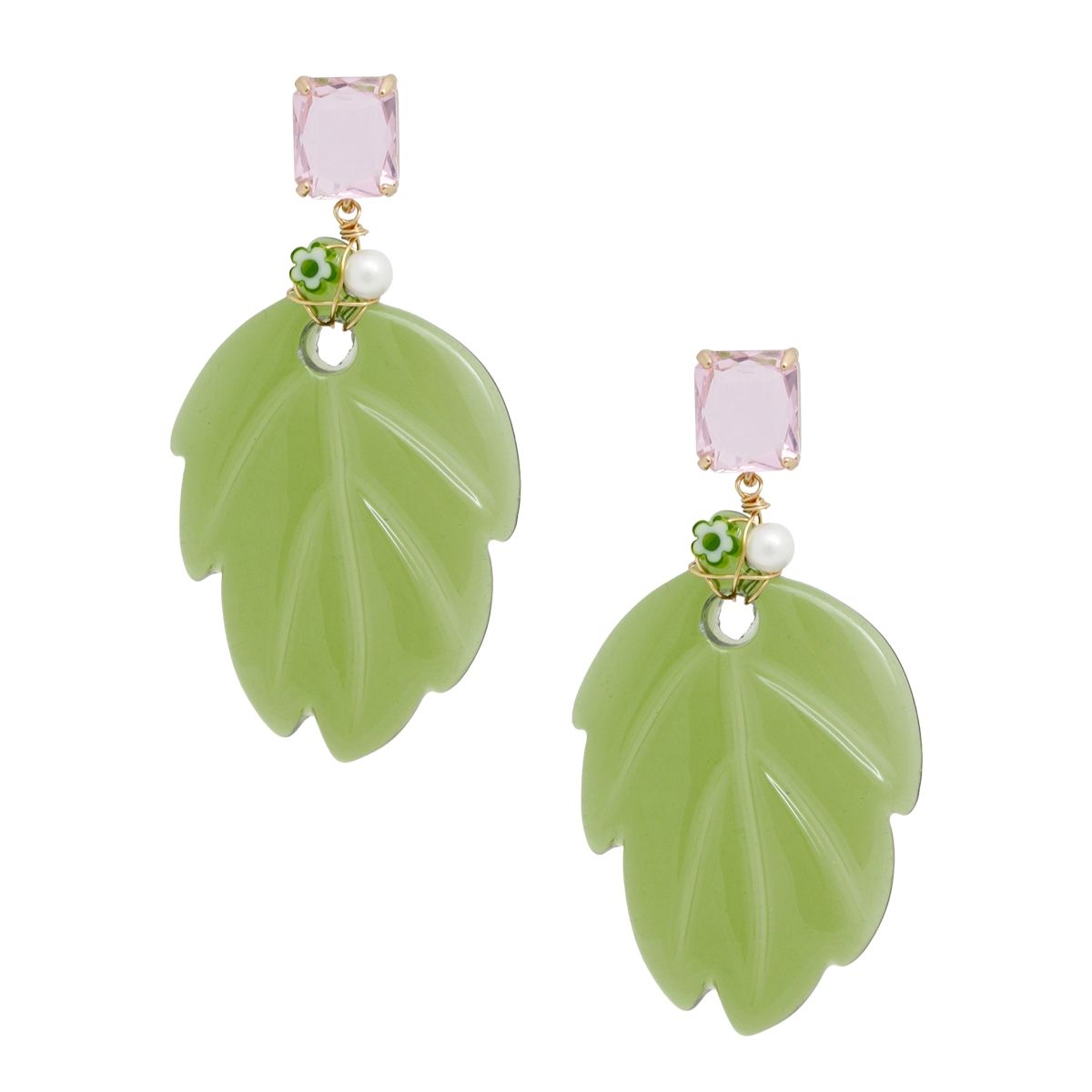 AKA Green and Pink Tropical Leaf Drop Earrings