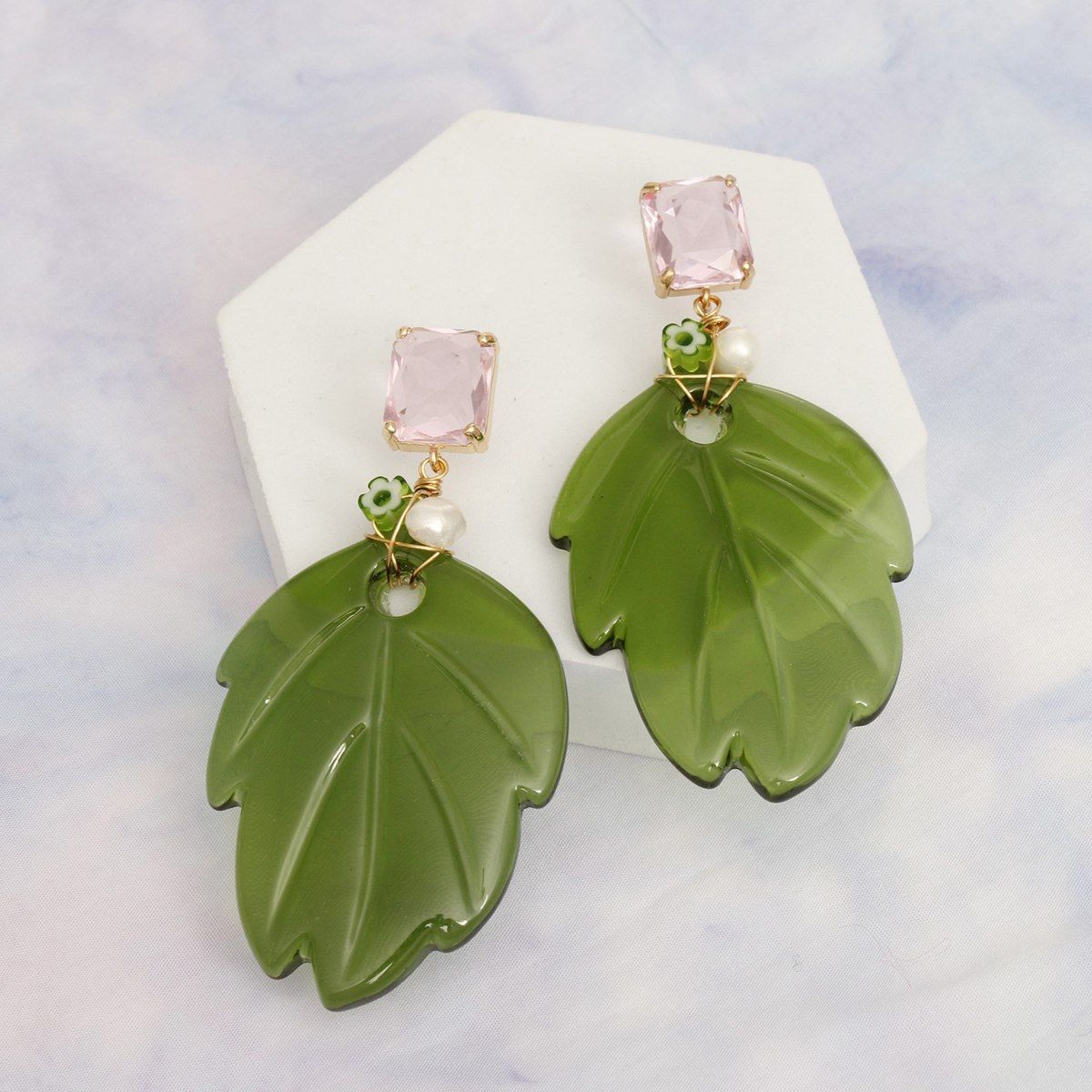 AKA Green and Pink Tropical Leaf Drop Earrings