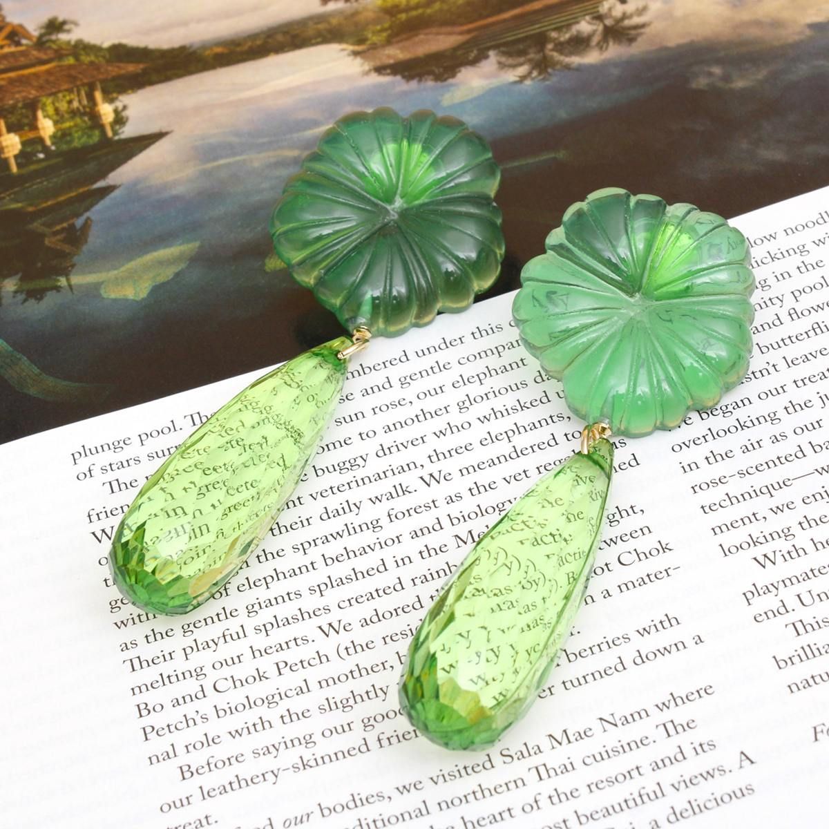Dangle Green Tropical Flower Teardrop Earrings