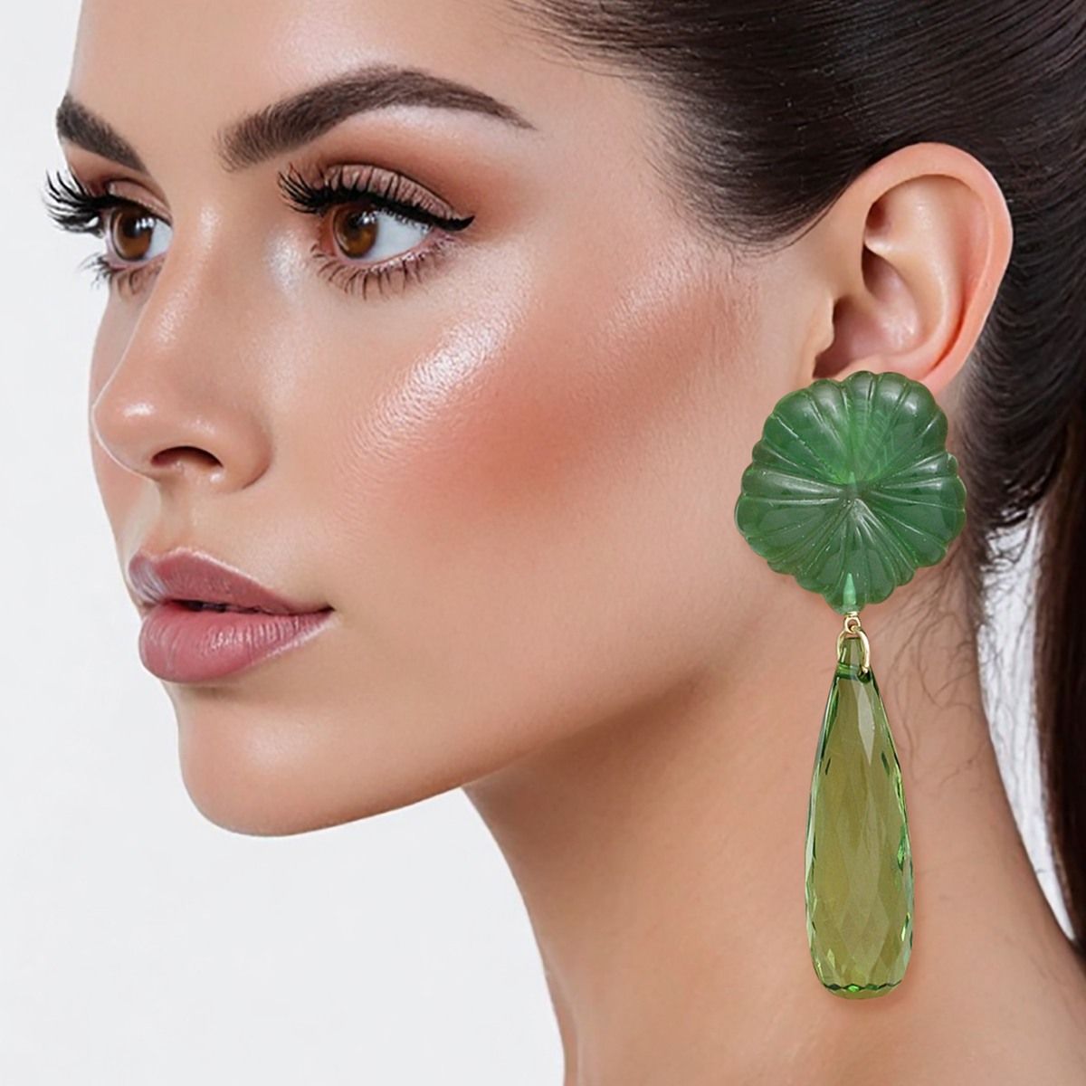 Dangle Green Tropical Flower Teardrop Earrings