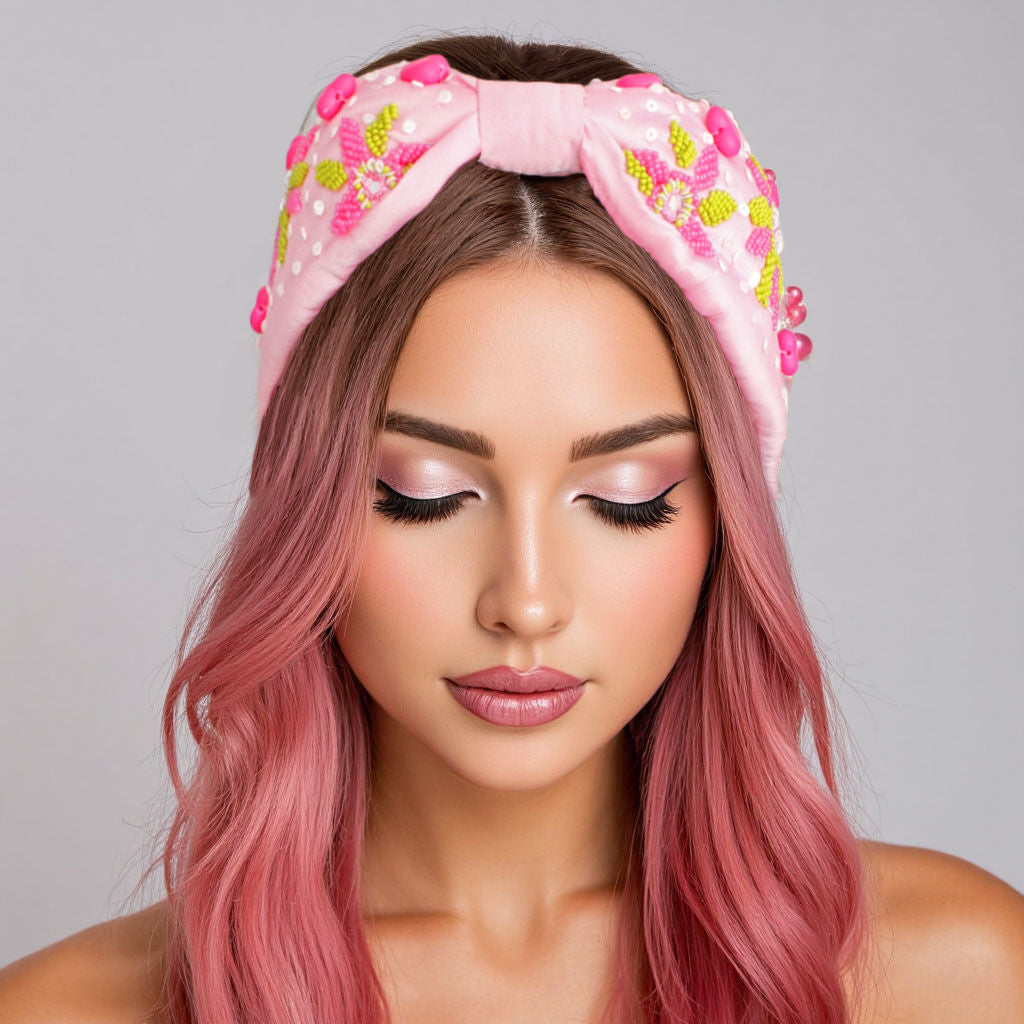 AKA Heart Pink and Green Embroidered Headband