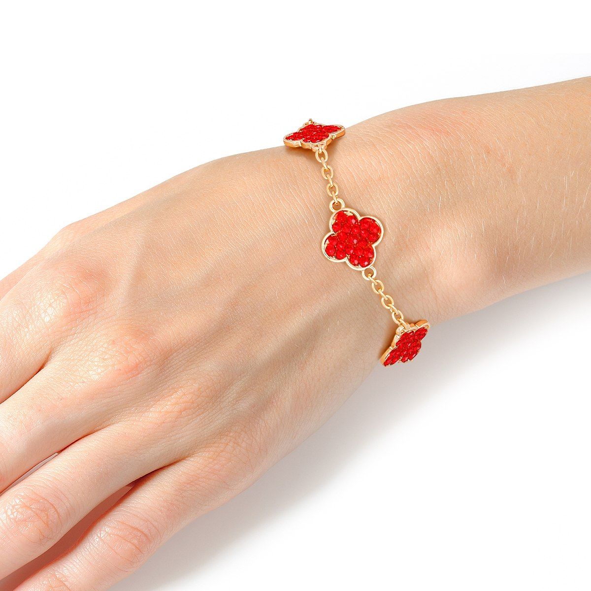 Chain Bracelet Red Rhinestone Quatrefoil Clovers