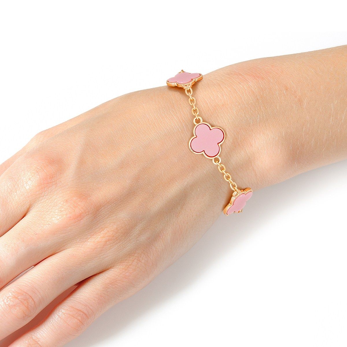 Gold Chain Bracelet Pink Quatrefoil Clovers Women