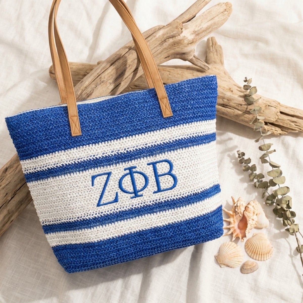 ZPB Faded Blue Raffia Embroidered Beach Tote Bag