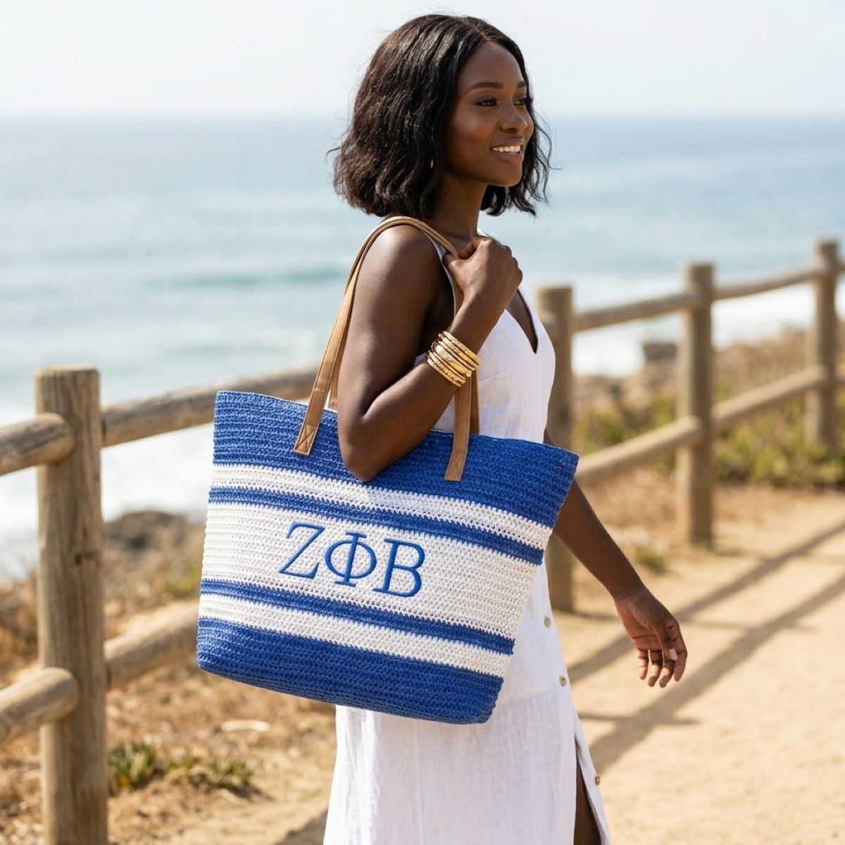 ZPB Faded Blue Raffia Embroidered Beach Tote Bag