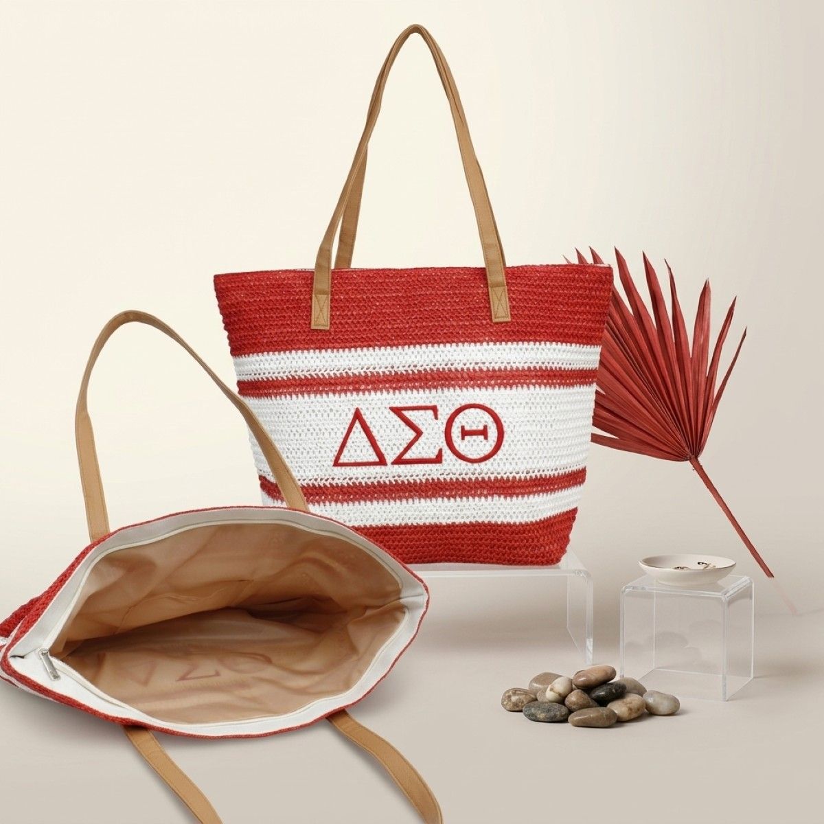 DST Faded Red Raffia Embroidered Beach Tote Bag