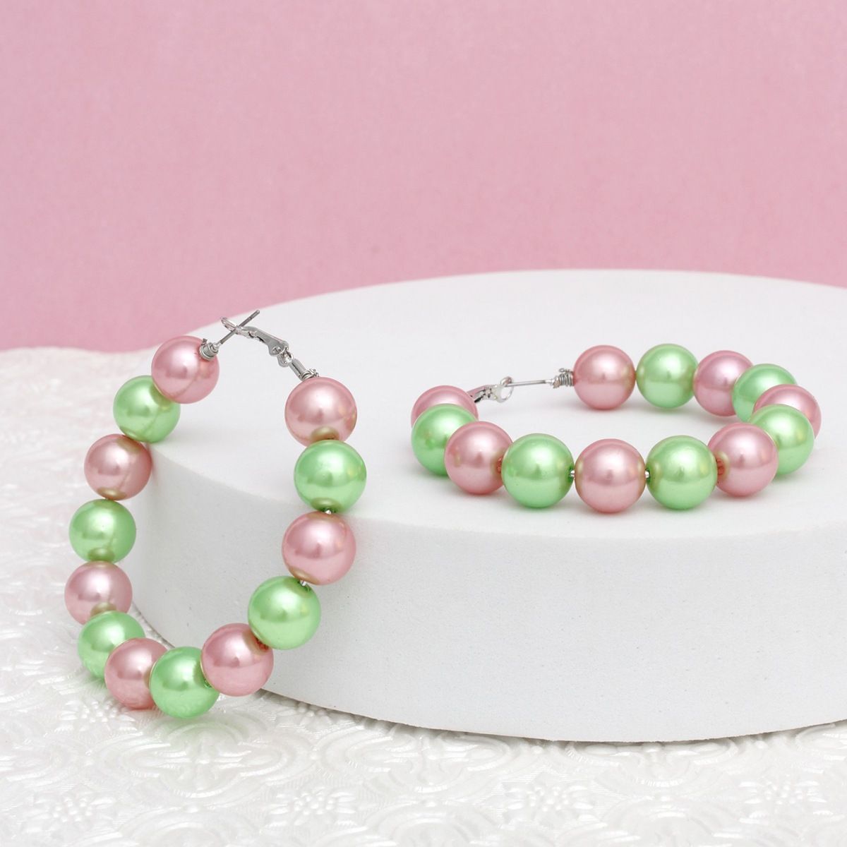 AKA Sorority Pink Green 60mm Pearl Hoop Earrings