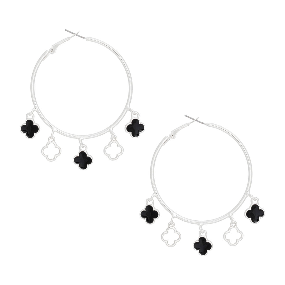 Hoops Silver Black Clover Dangle Charms Earrings