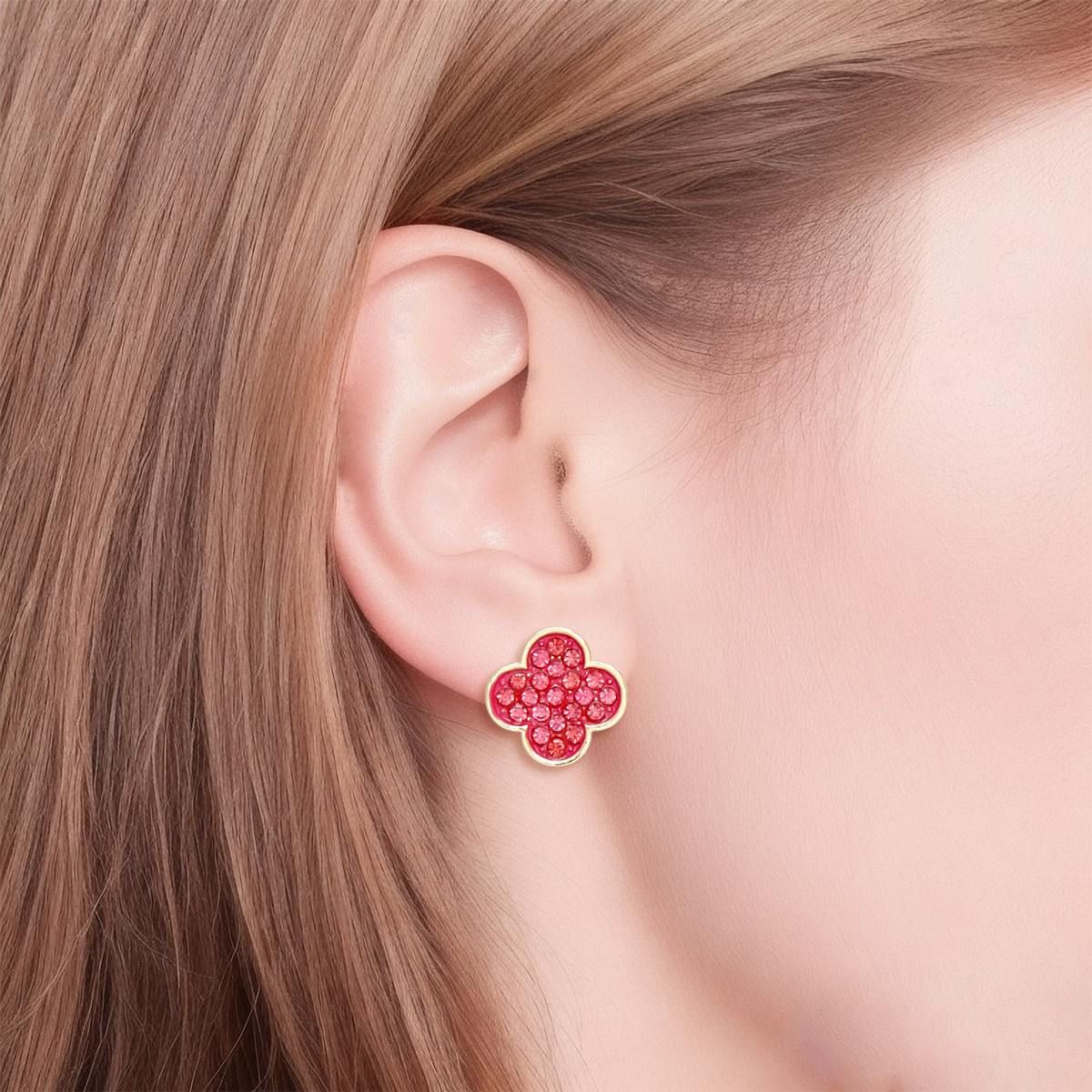 Studs Pink Rhinestone Quatrefoil Clover Earrings