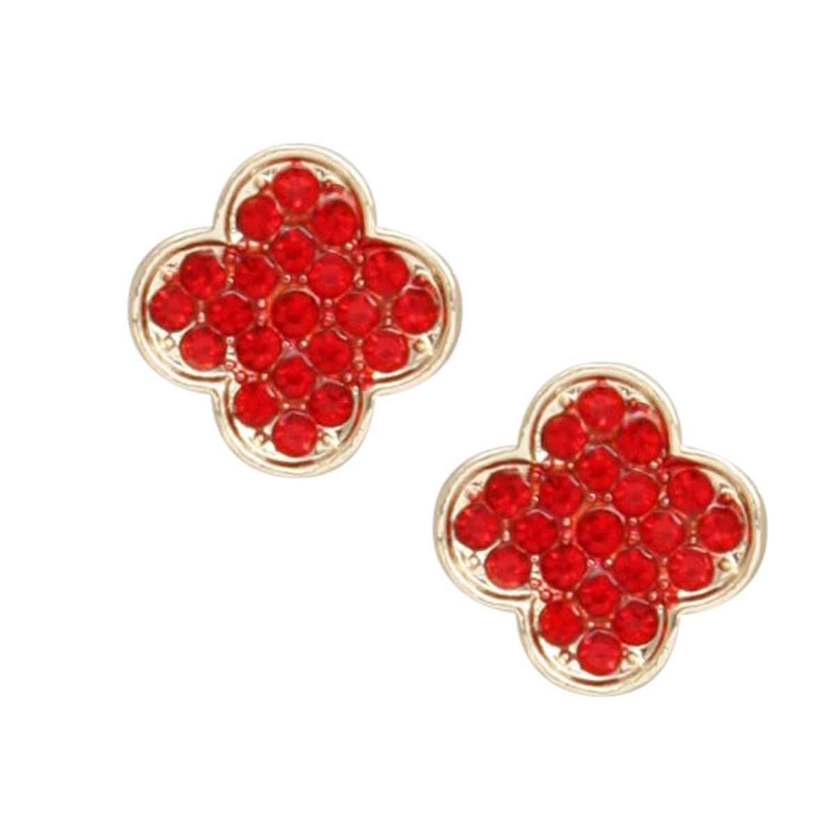 Studs Red Rhinestone Quatrefoil Clover Earrings