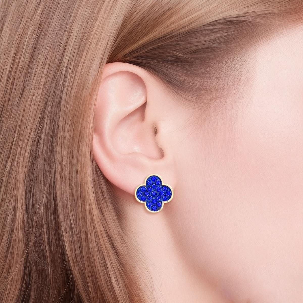 Studs Blue Rhinestone Quatrefoil Clover Earrings