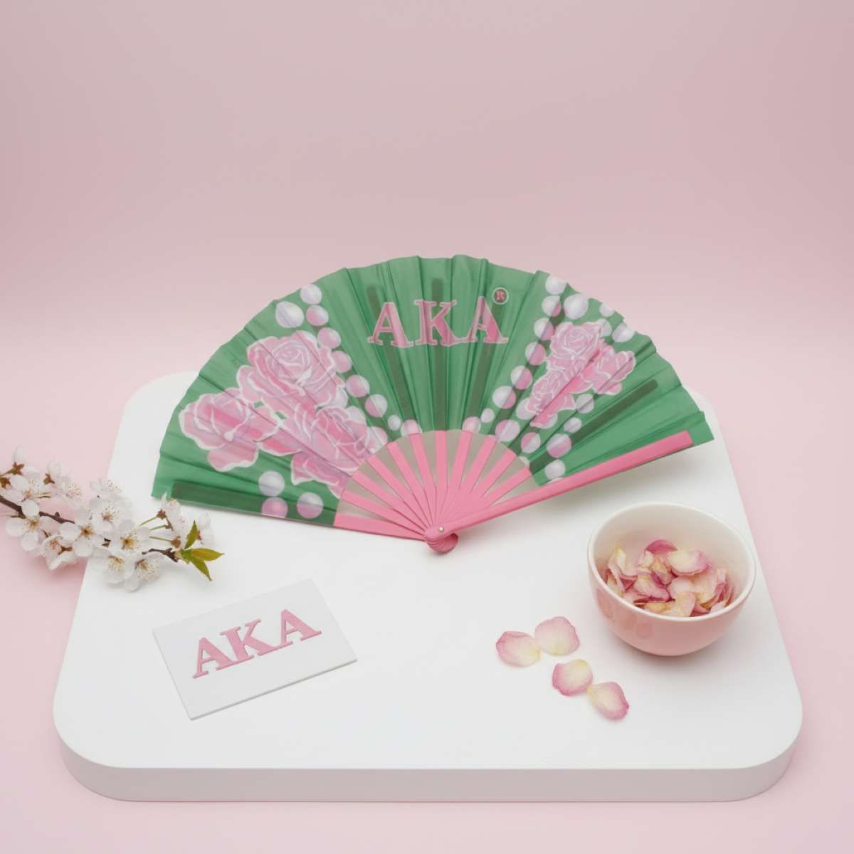 AKA Sorority Large Floral Pearl Print Fabric Fan