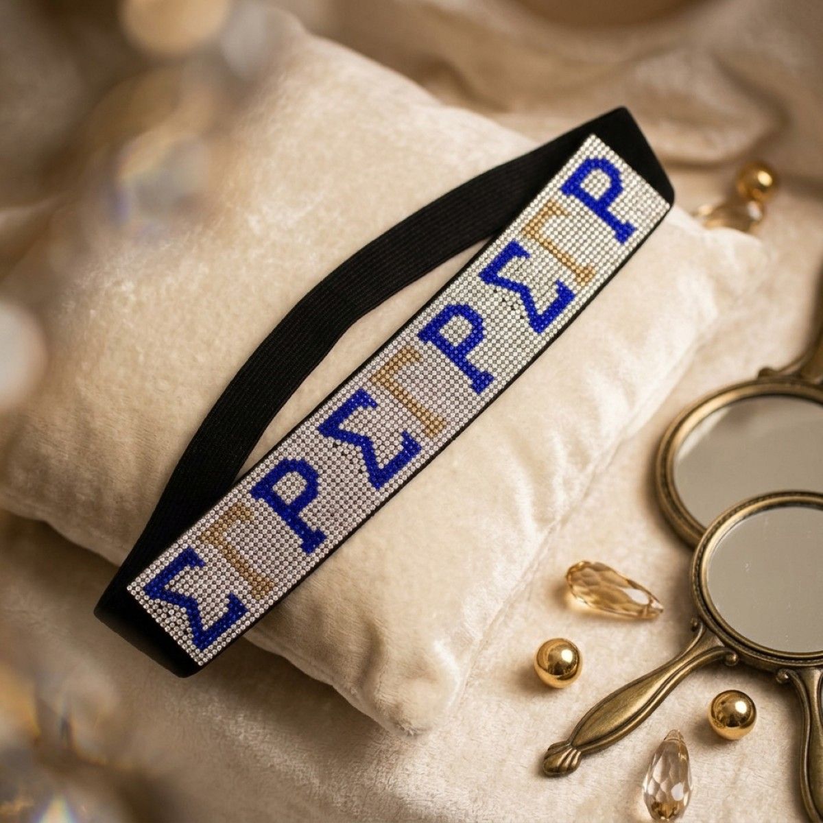 SGRHO Blue Gold Rhinestone Black Stretch Headband