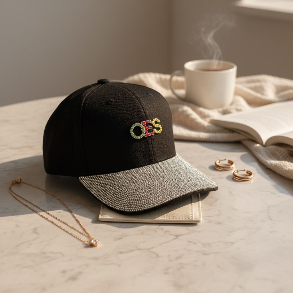 OES Black Canvas Baseball Cap with Rhinestone Brim