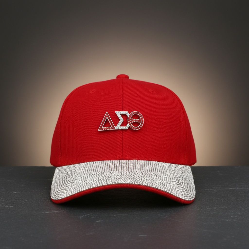 DST Red Canvas Baseball Cap with Rhinestone Brim