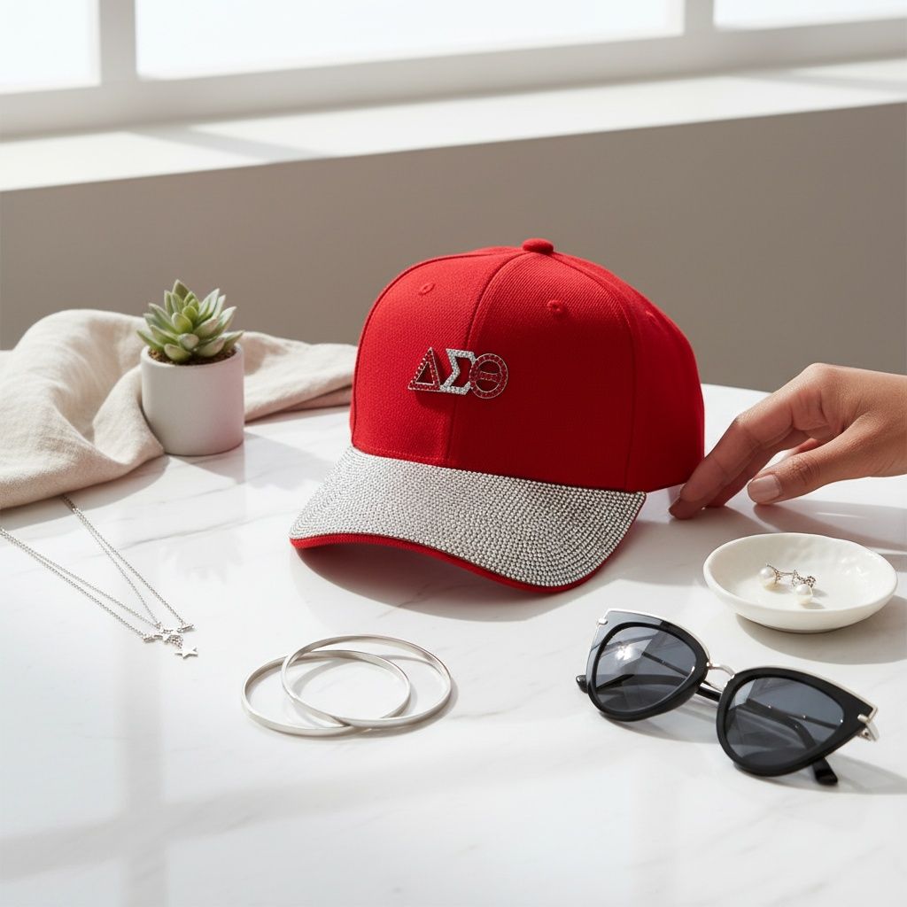 DST Red Canvas Baseball Cap with Rhinestone Brim