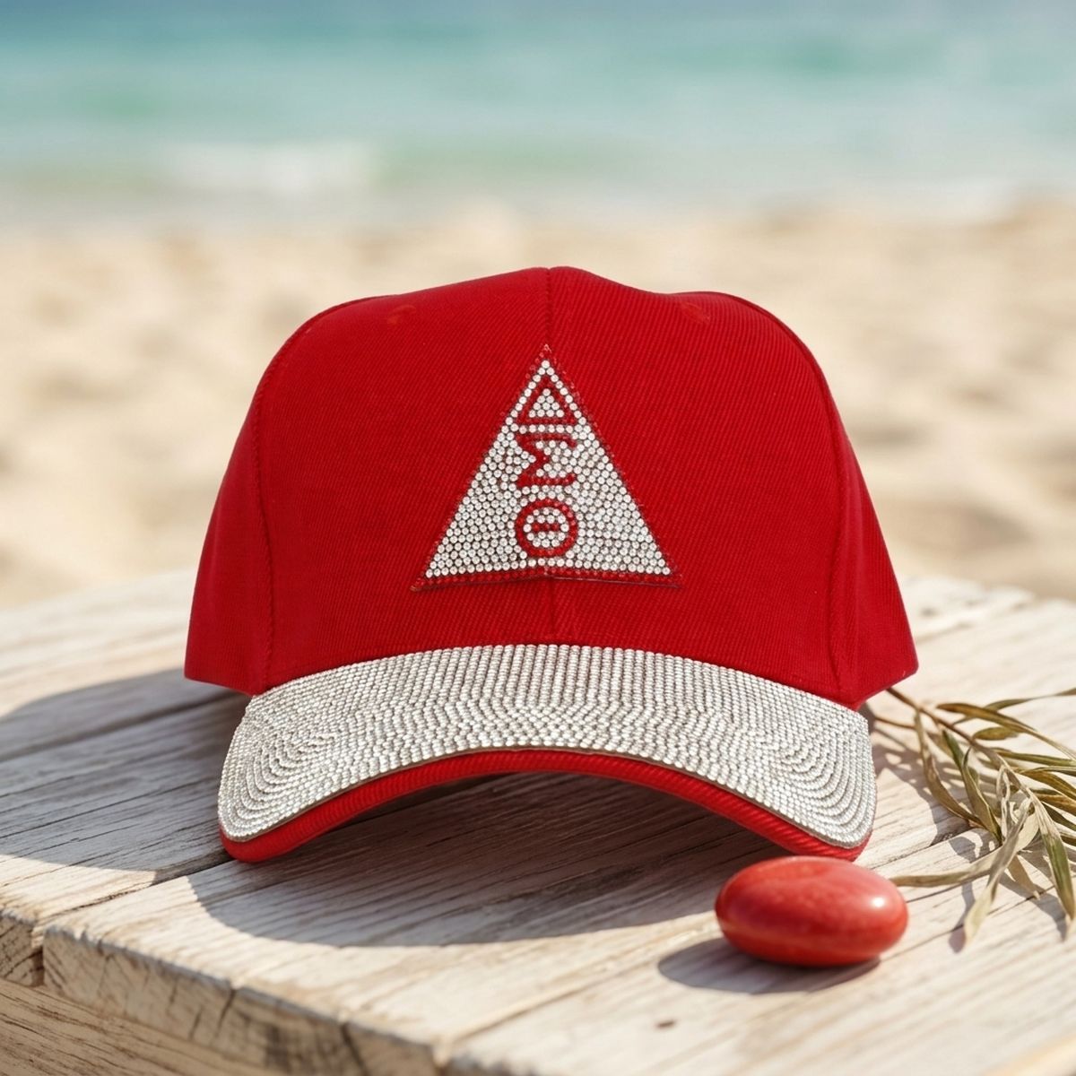 DST Red Canvas Delta Rhinestone Baseball Cap