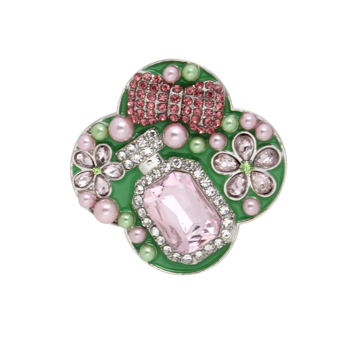 Brooch Couture Clover Pink Green Glass Perfume Pin
