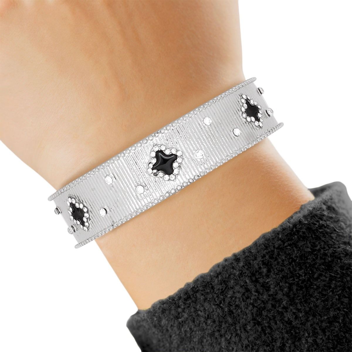 Cuff Silver Black Quatrefoil Rhinestone Bangle
