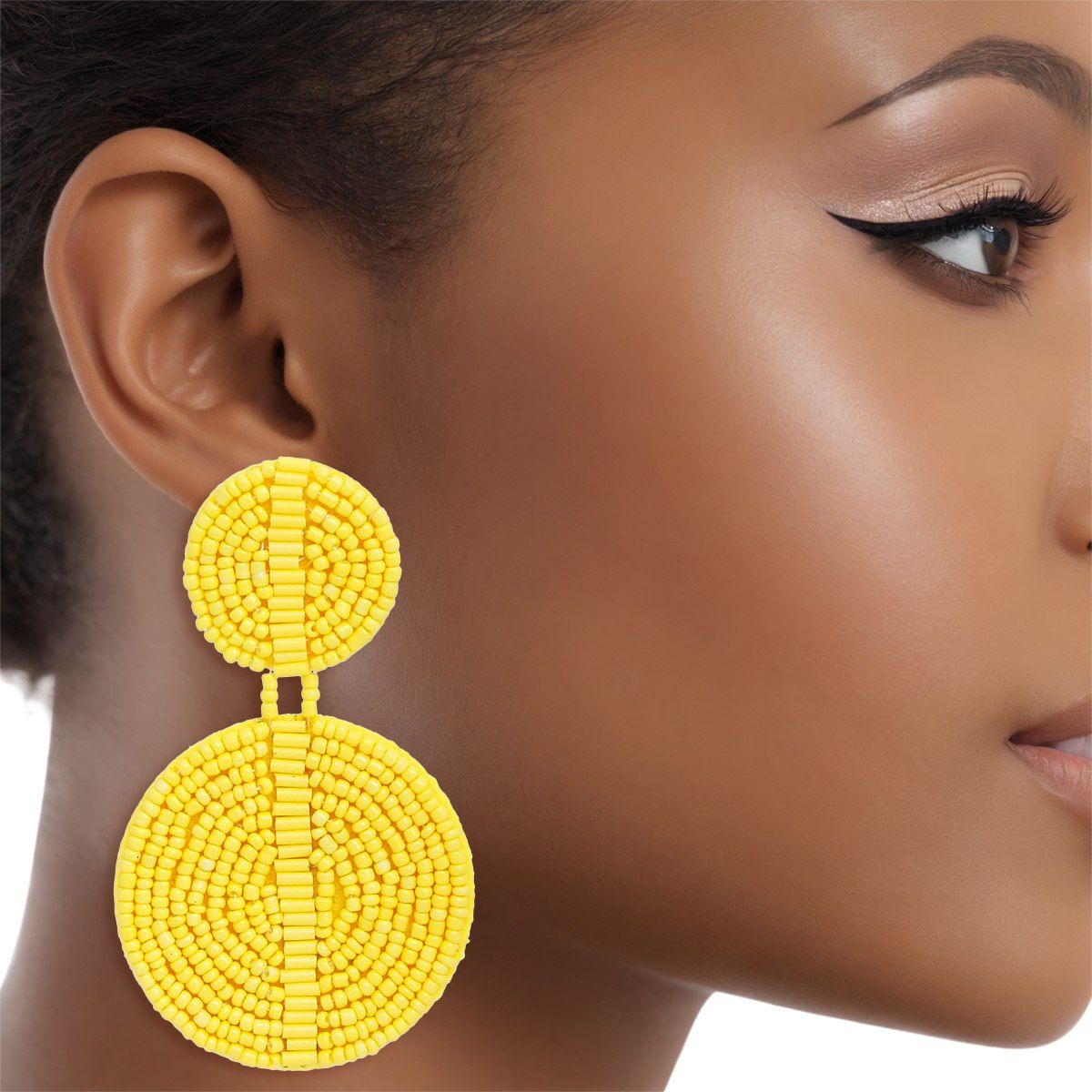 Drop Yellow Seed Bead and Felt Circle Earrings
