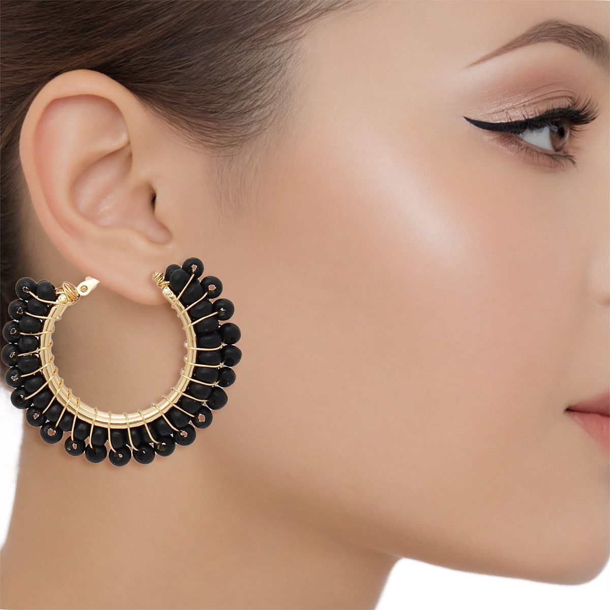 Hoops Black Bead Gold Wire Wrapped Earrings Women