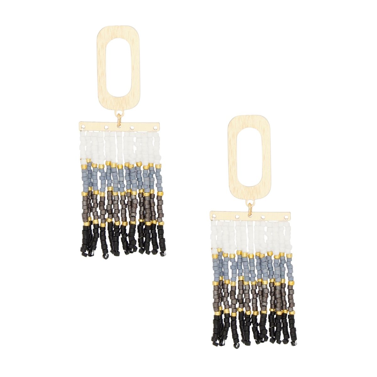 Tassel Rectangle White to Black Seed Bead Earrings