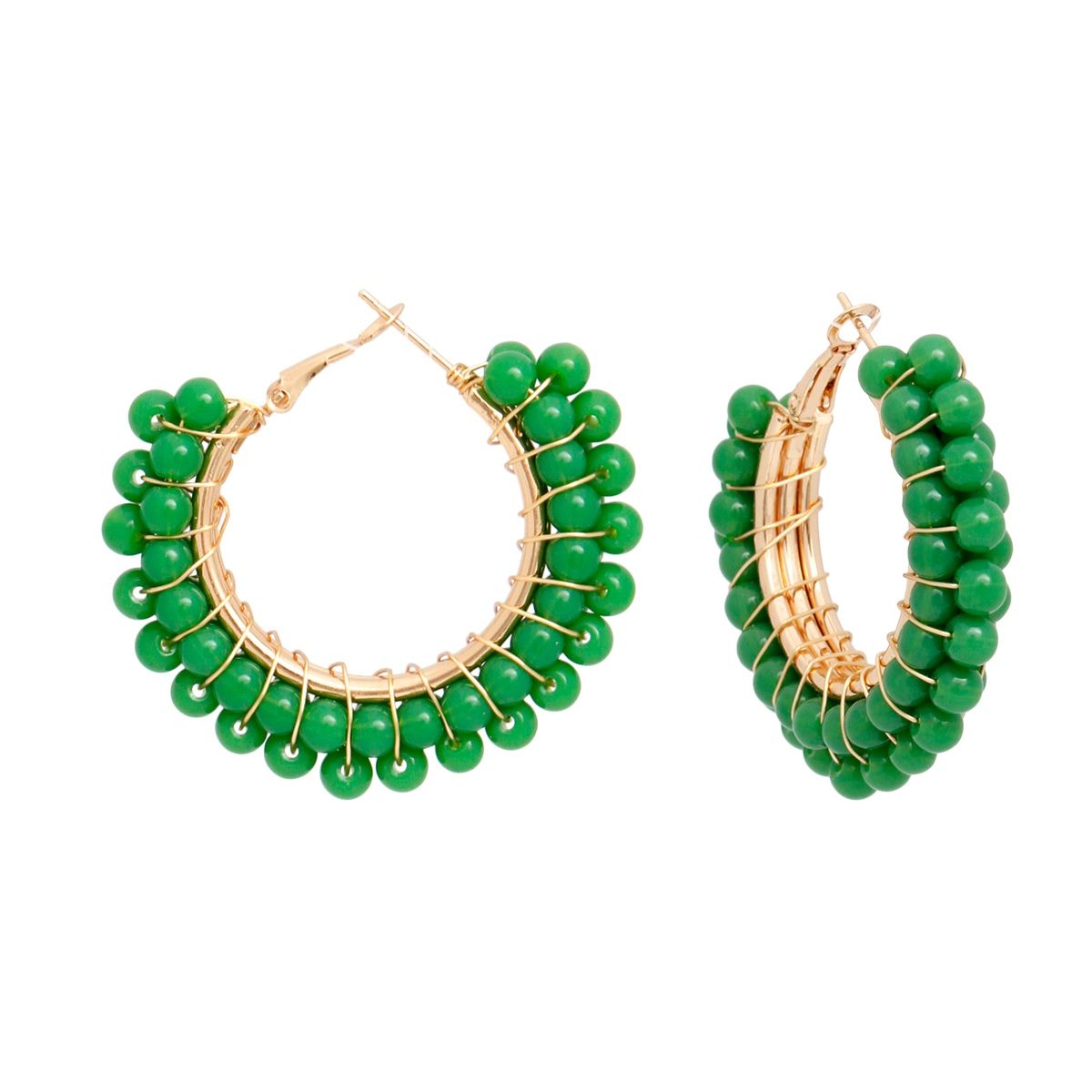 Hoops Sage Green Bead Gold Wire Wrapped Earrings