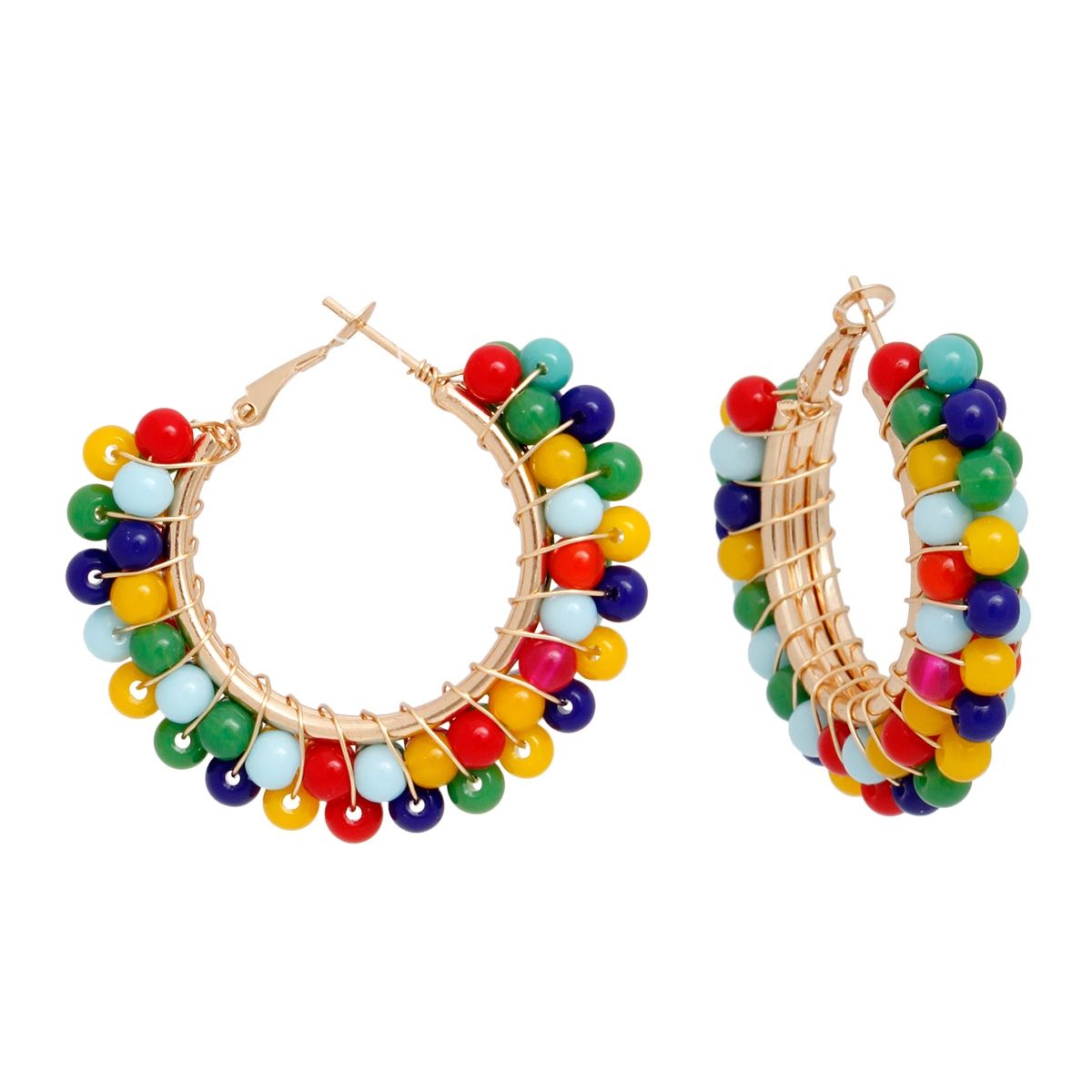 Hoops Multicolor Bead Gold Wire Wrapped Earrings