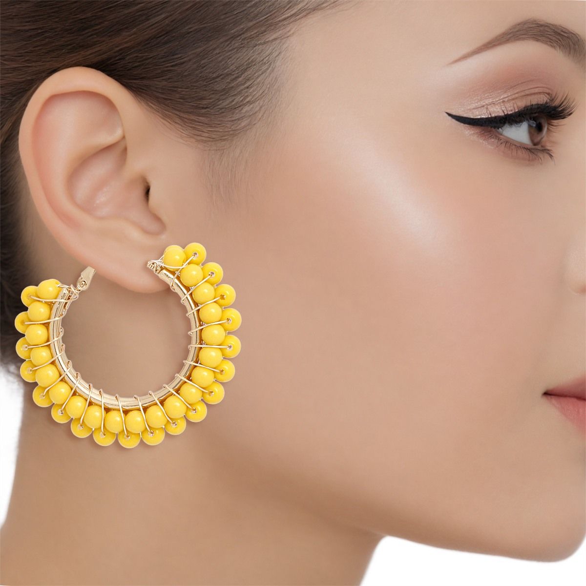 Hoops Yellow Bead Gold Wire Wrapped Earrings Women