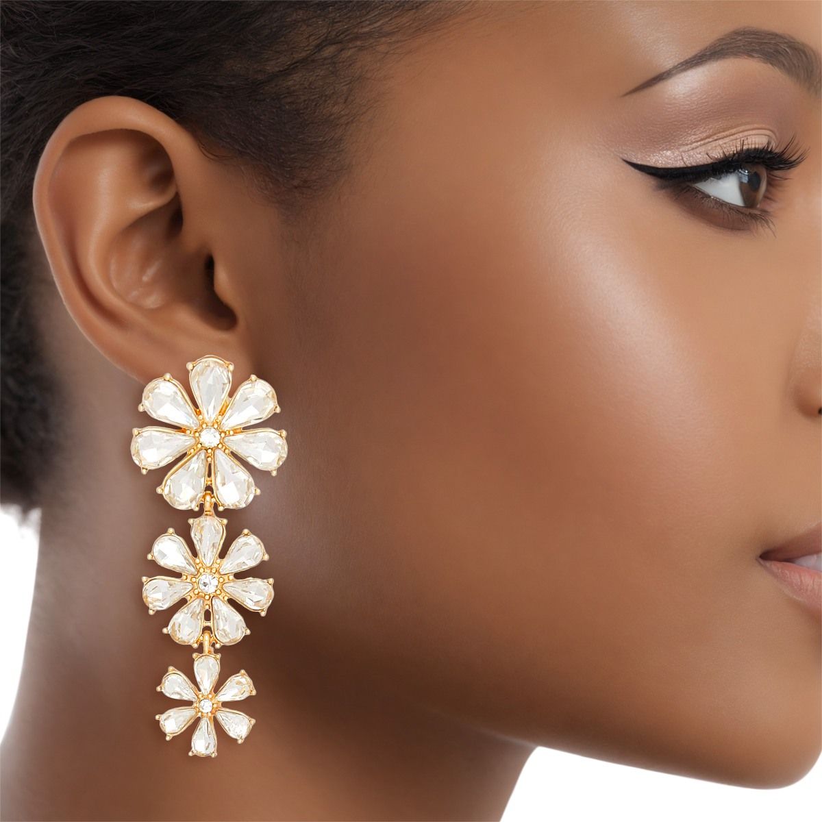 Dangle Crystal Petal Flower Gold Earrings Women