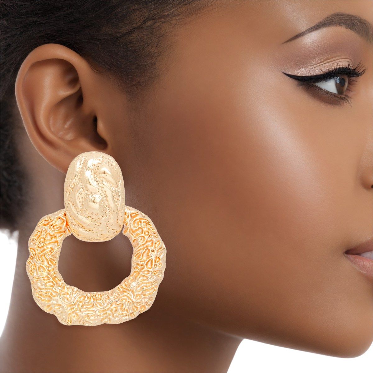 Drop Gold Textured Metal Door Knocker Earrings