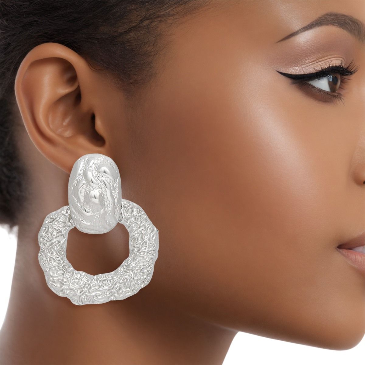 Drop Silver Textured Metal Door Knocker Earrings