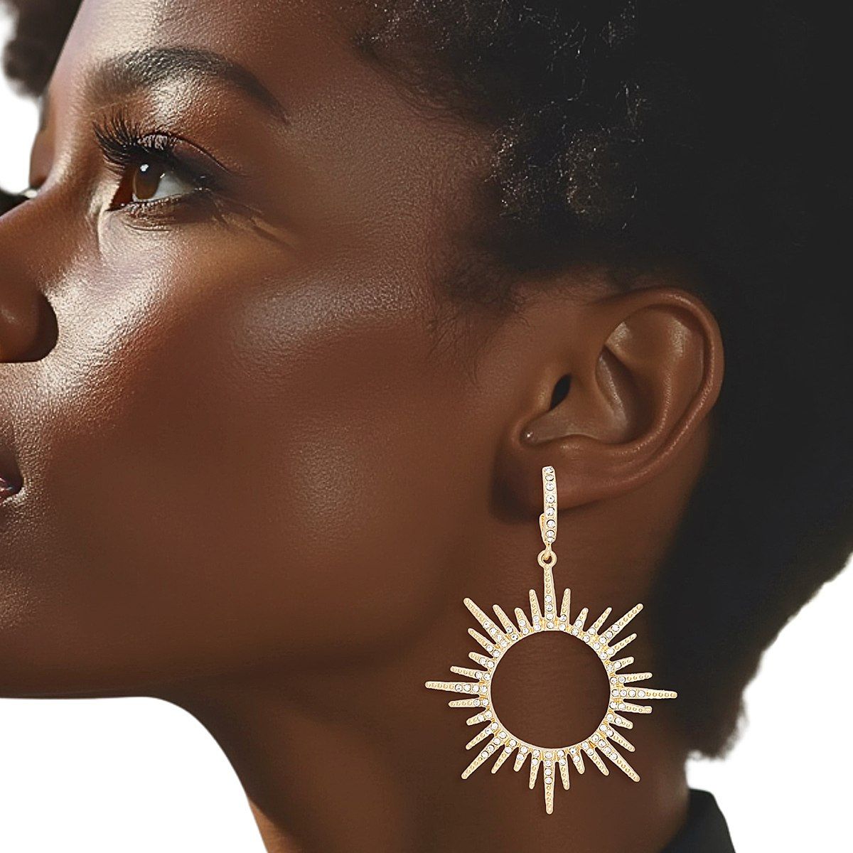 Drop Gold Open Hoop Sunburst Rhinestone Earrings