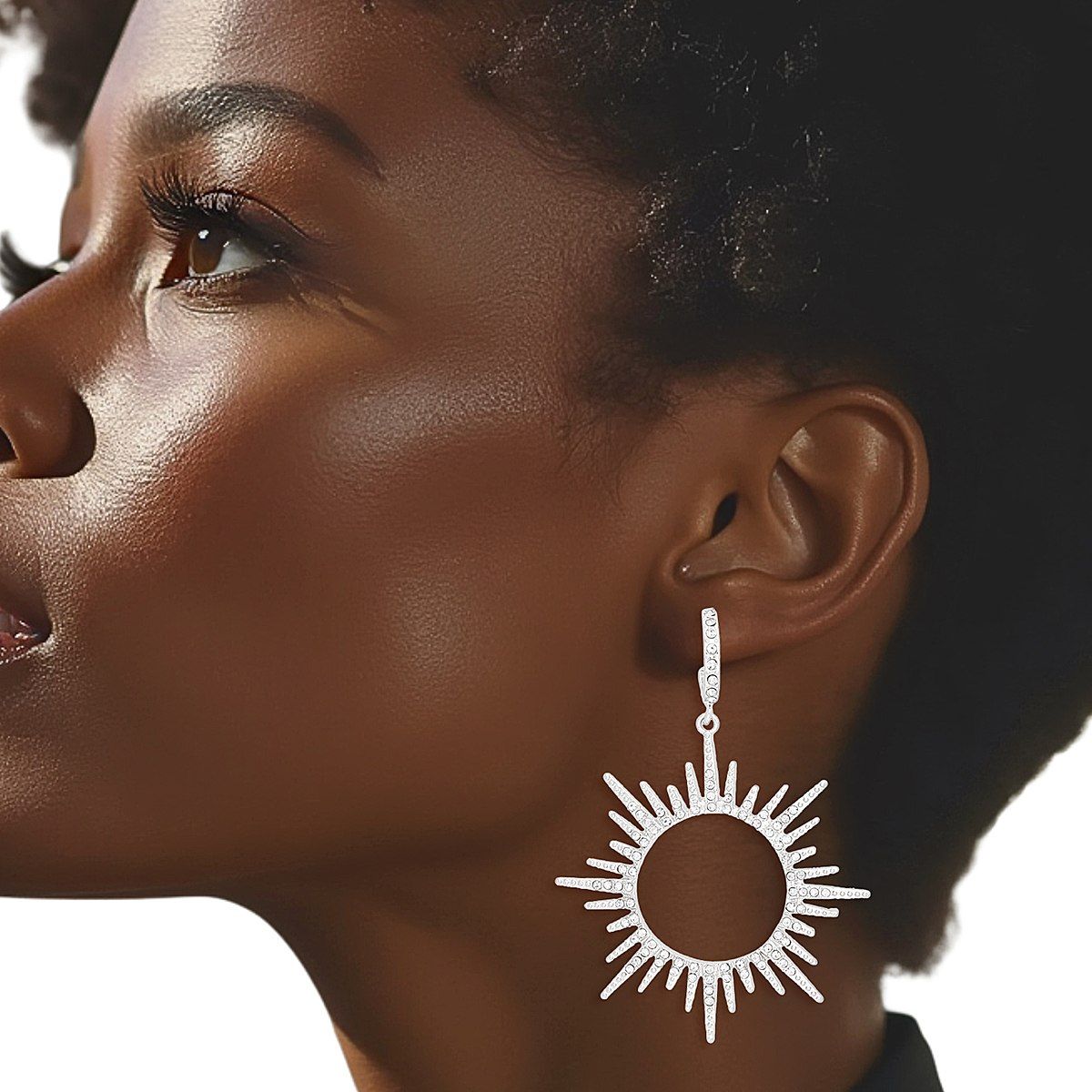 Drop Silver Open Hoop Sunburst Rhinestone Earrings