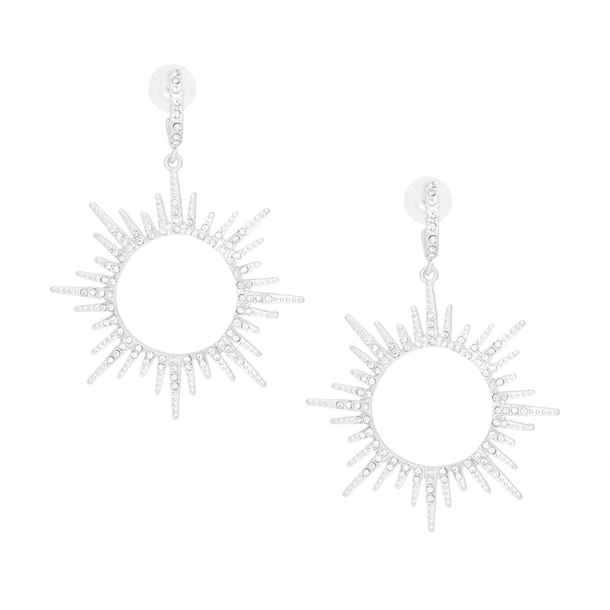Drop Silver Open Hoop Sunburst Rhinestone Earrings