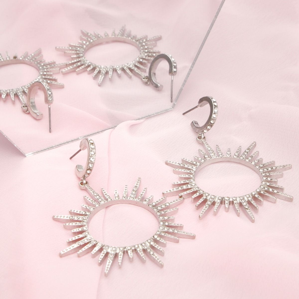 Drop Silver Open Hoop Sunburst Rhinestone Earrings