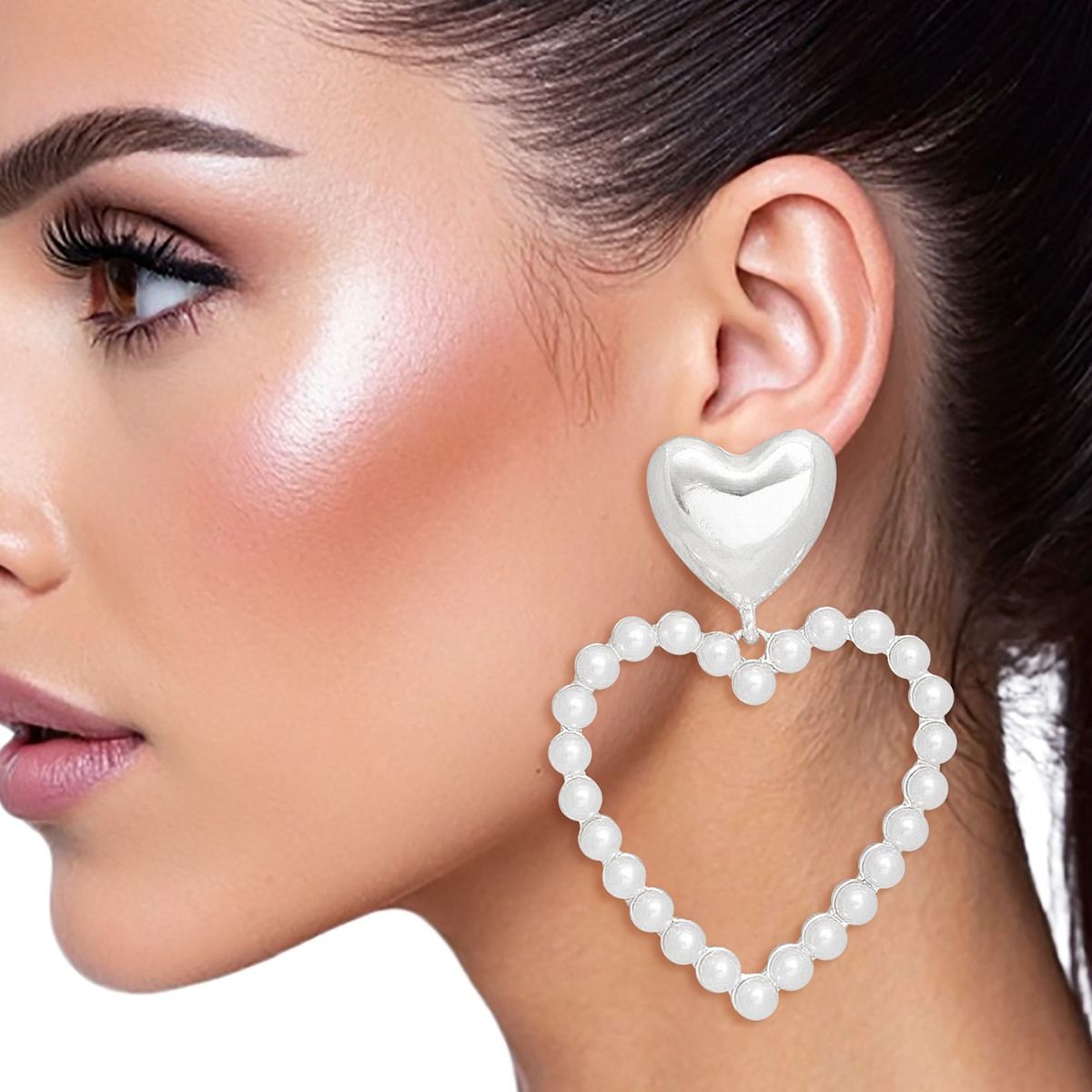 Drop Silver Cream Pearl Heart Earrings for Women
