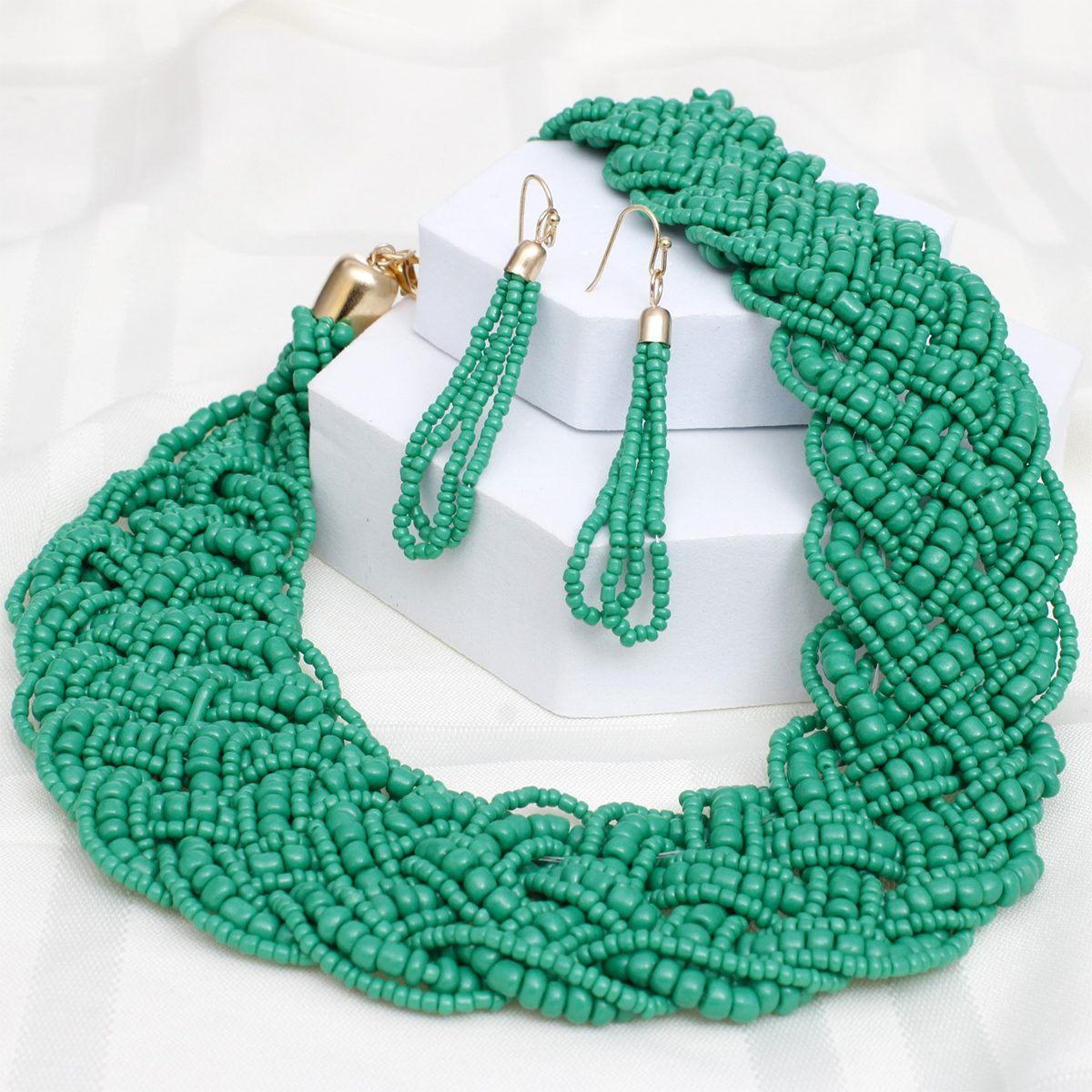 Collar Green Seed Bead Braided Collar Necklace