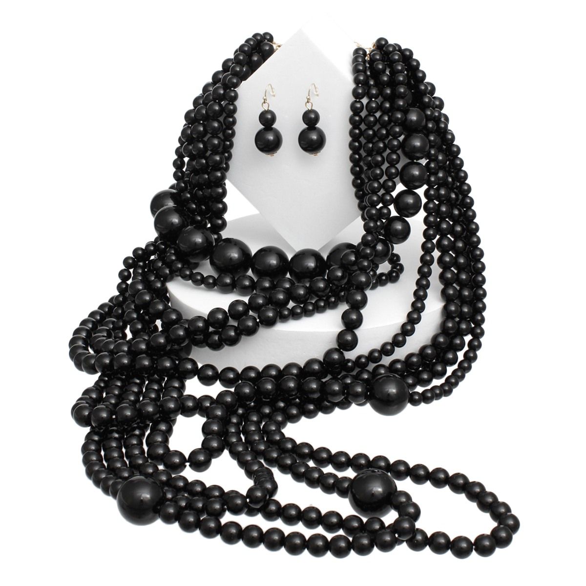 Beaded Black 10 Strand Long Layered Necklace Women