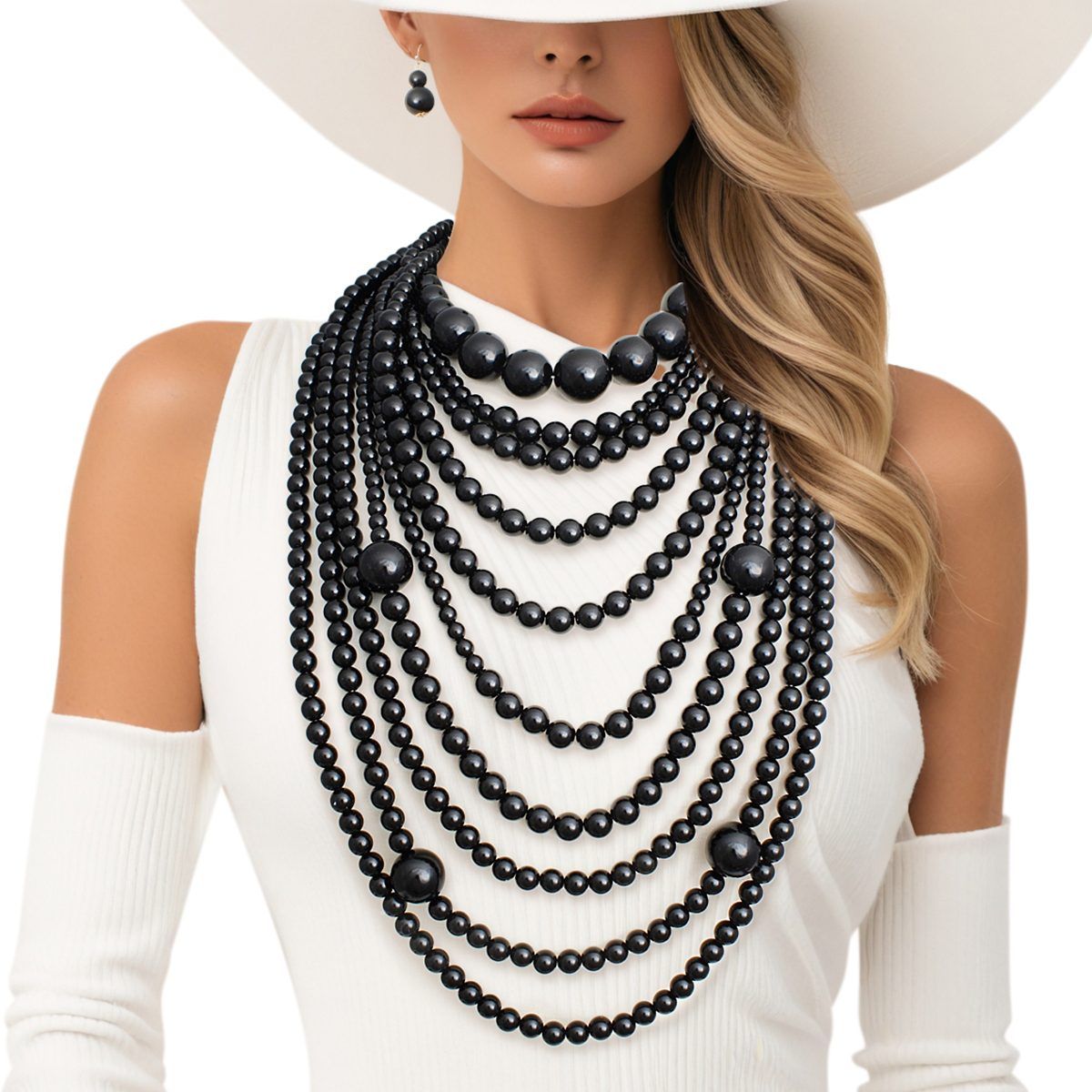 Beaded Black 10 Strand Long Layered Necklace Women