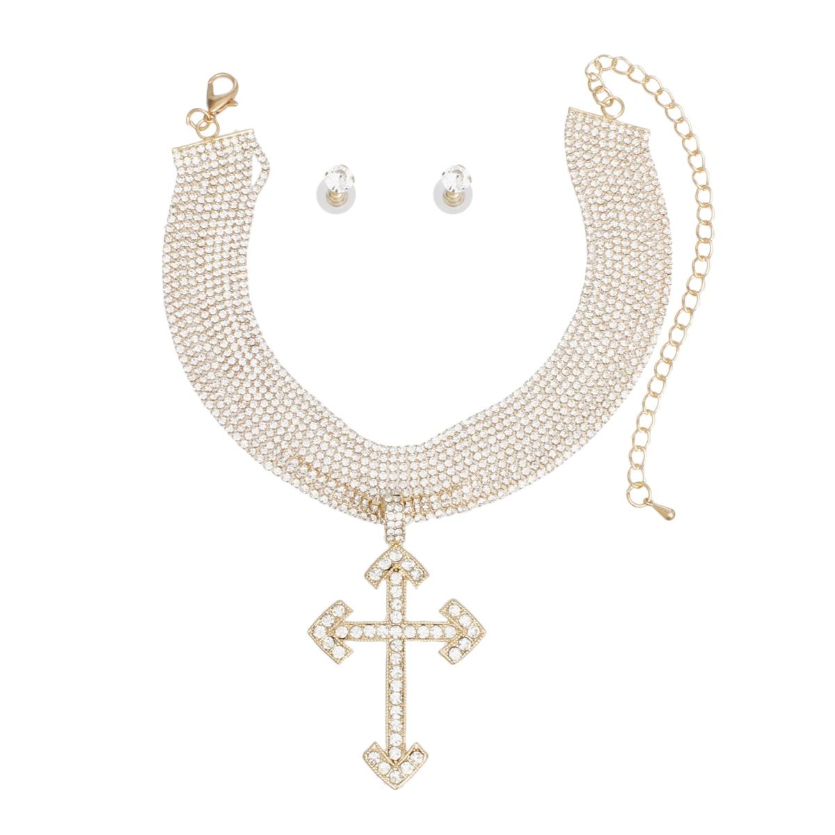 Choker Gold Rhinestone Layered Cross Necklace
