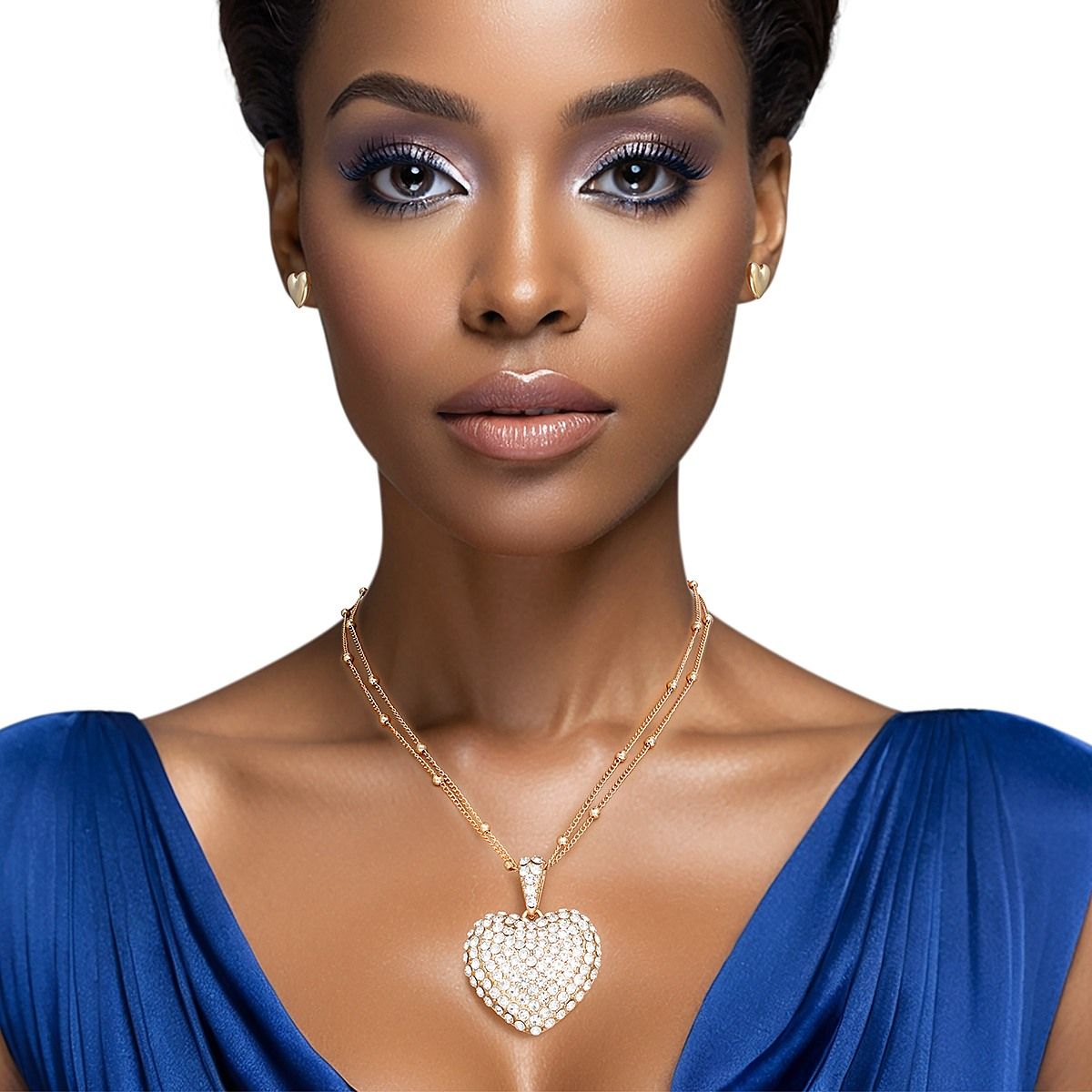 Pendant Gold 2 Layer Puffy Rhinestone Heart Set