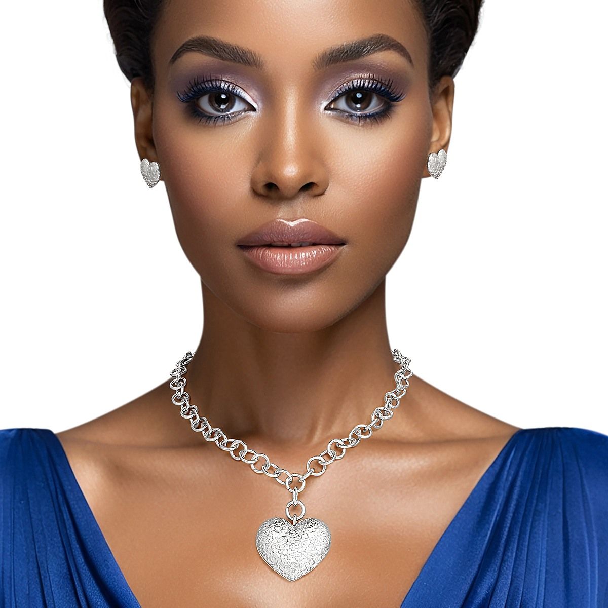 Pendant Silver Girly Patterned Puffy Heart Set