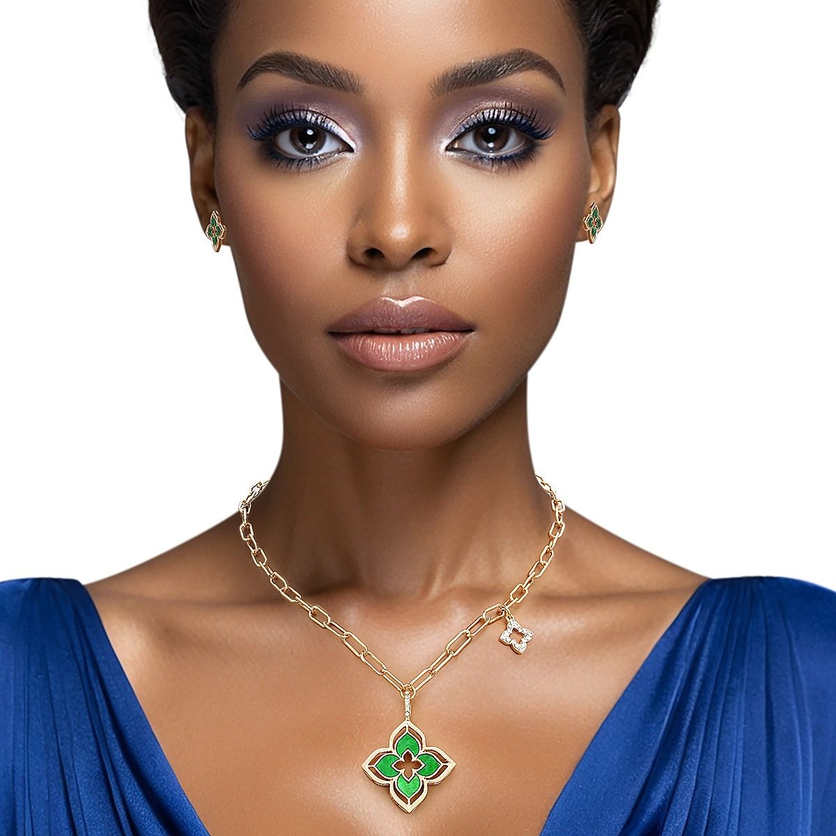 Pendant Gold Green Monogram Flower Necklace Set