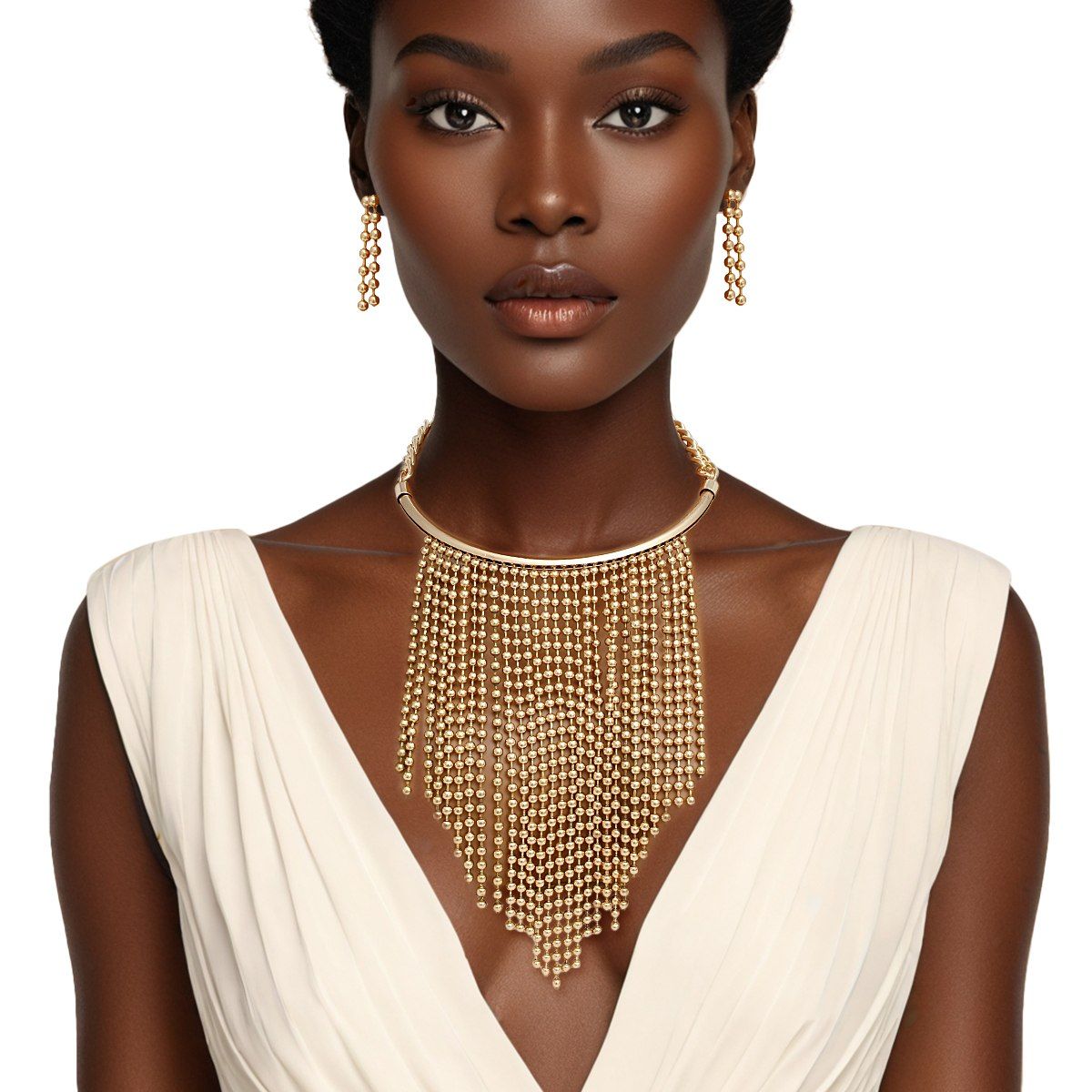 Bib Gold Ball Chain Fringe Necklace for Women