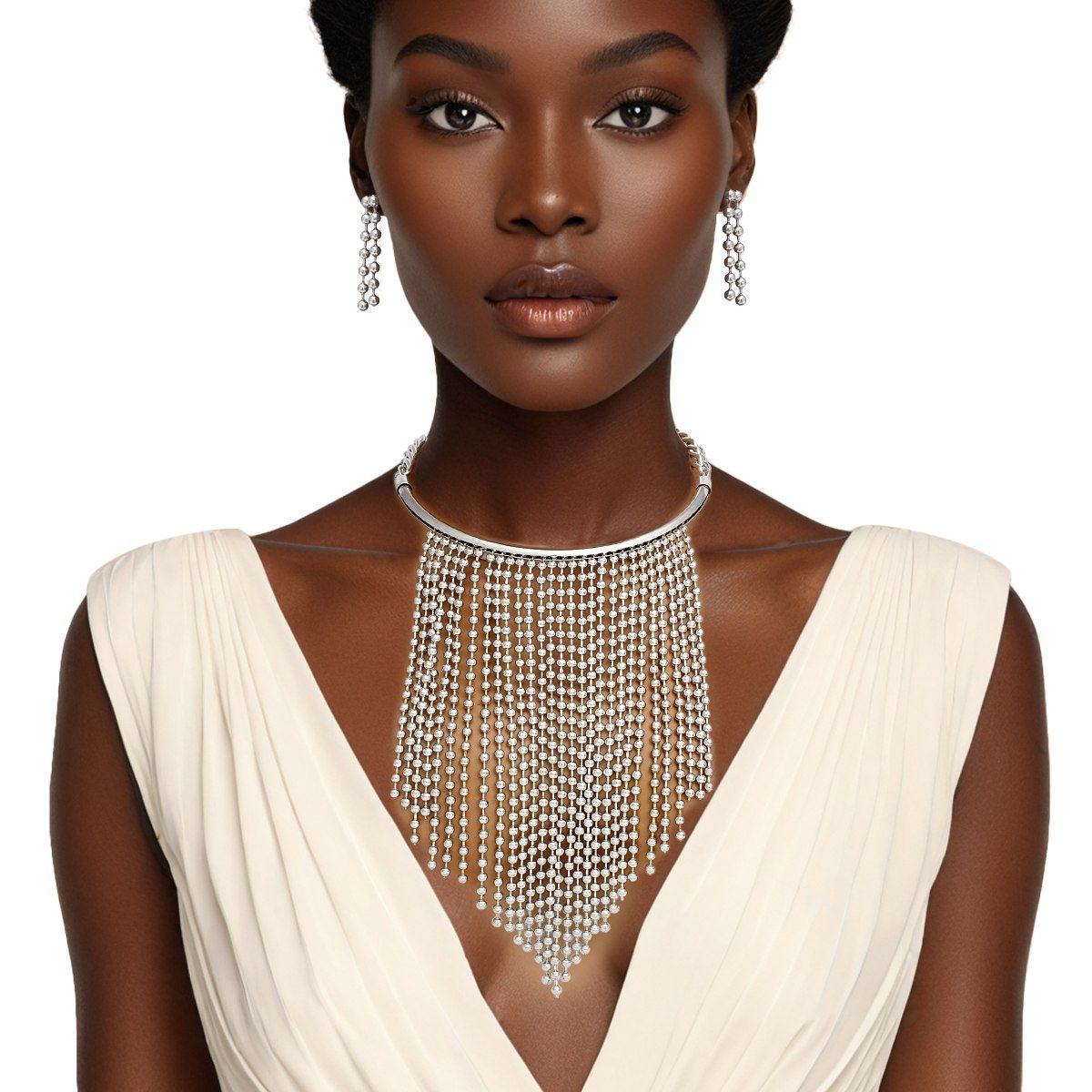 Bib Silver Ball Chain Fringe Necklace for Women