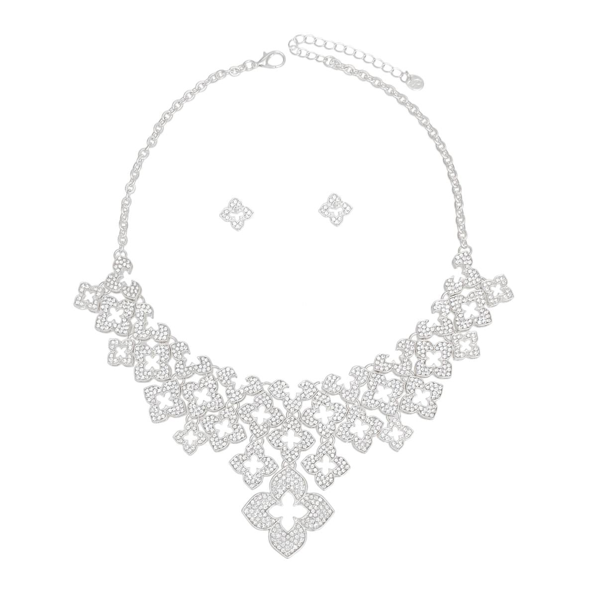 Bib Silver Monogram Flower Rhinestone Necklace Set