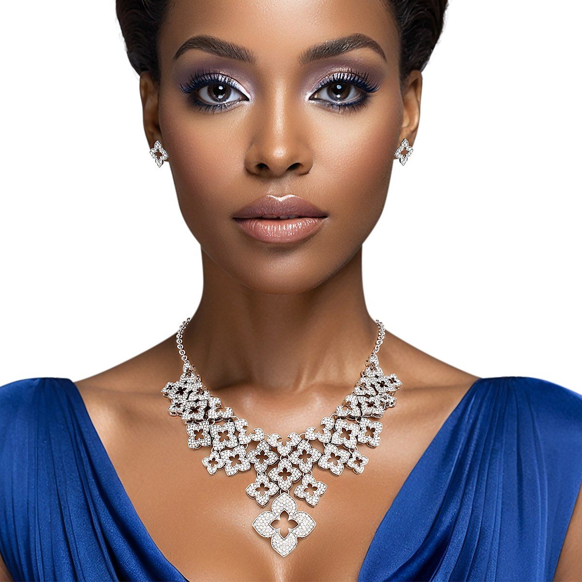 Bib Silver Monogram Flower Rhinestone Necklace Set