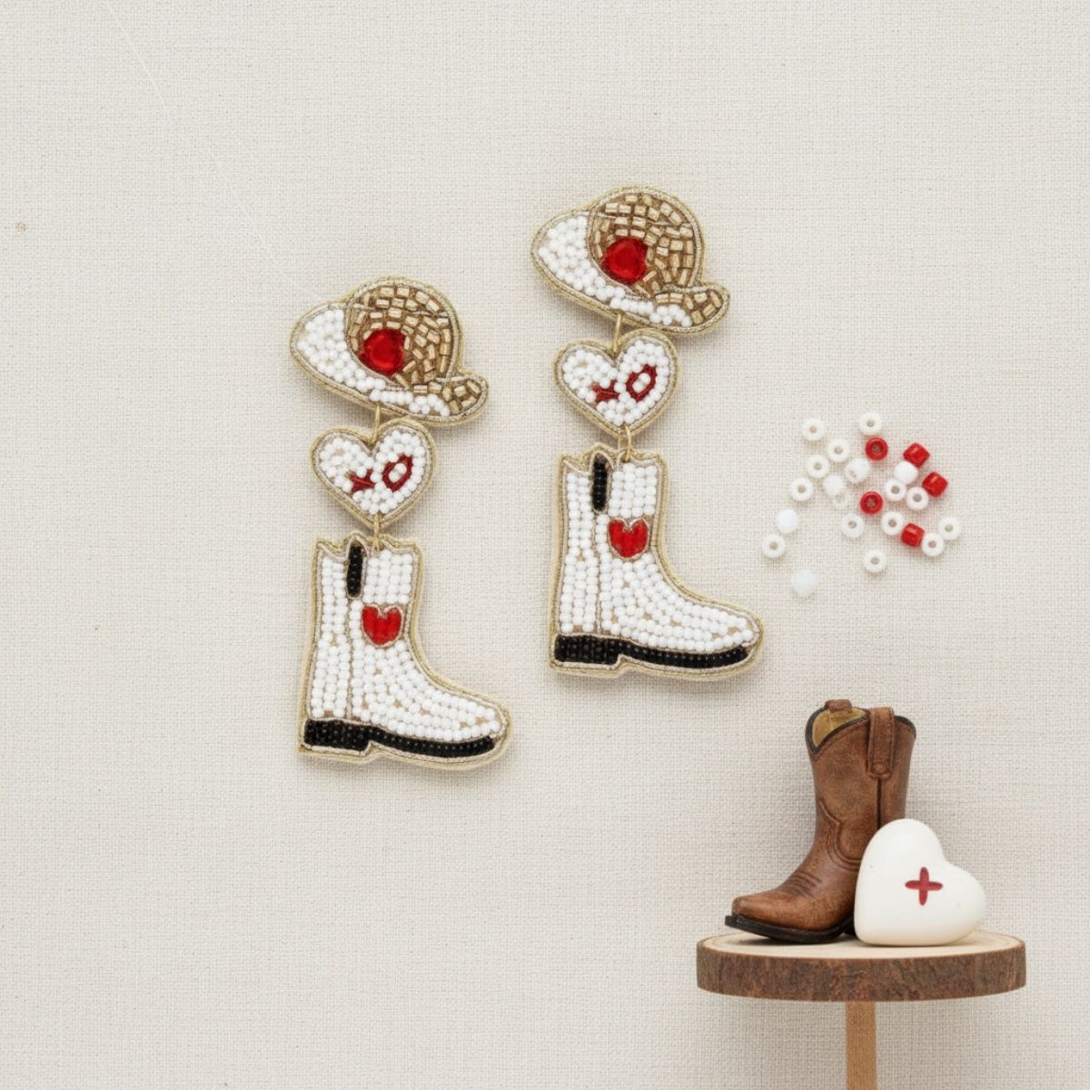 Dangle White Red Bead Cowboy Hat Boots Earrings