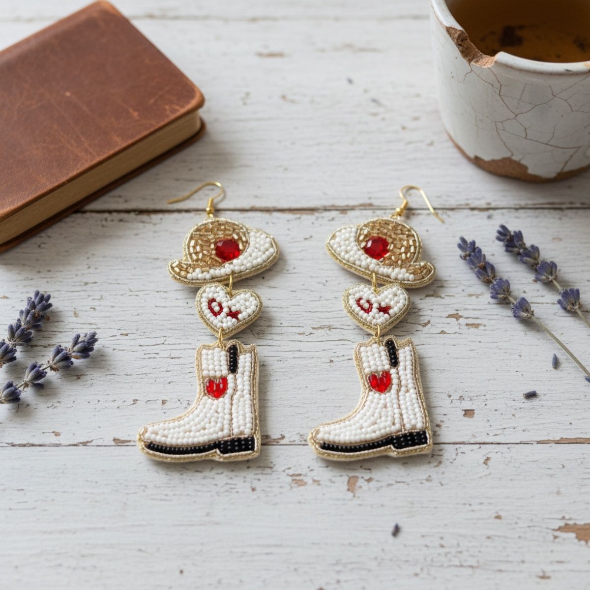 Dangle White Red Bead Cowboy Hat Boots Earrings